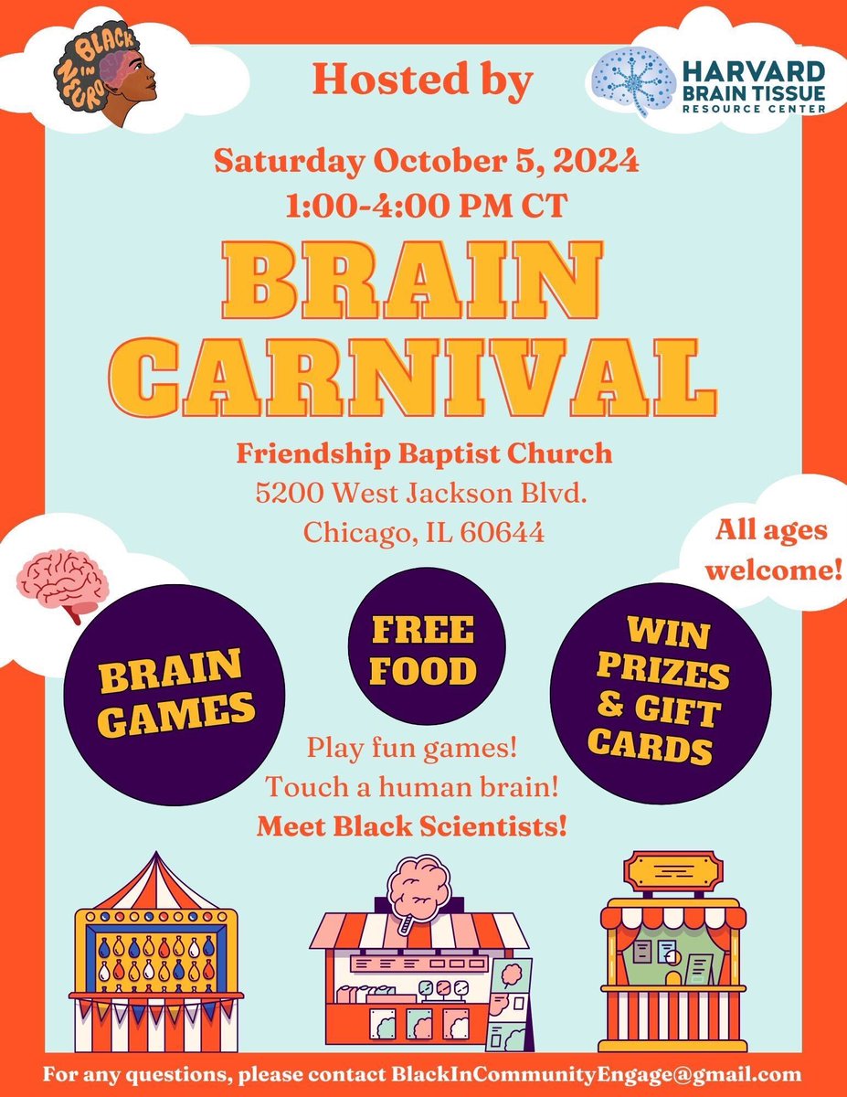 Join us for a Brain Carnival &amp; Healthy Aging Event in Chicago, IL on October 5th from 1-4 PM! 🎪 Get ready for hands-on fun! Explore the anatomy of a real human brain 🧠 &amp; dive into interactive activities that spark curiosity for all ages—kids &amp; adults alike! 👧🏽🧔🏽‍♂️
(1/4)
