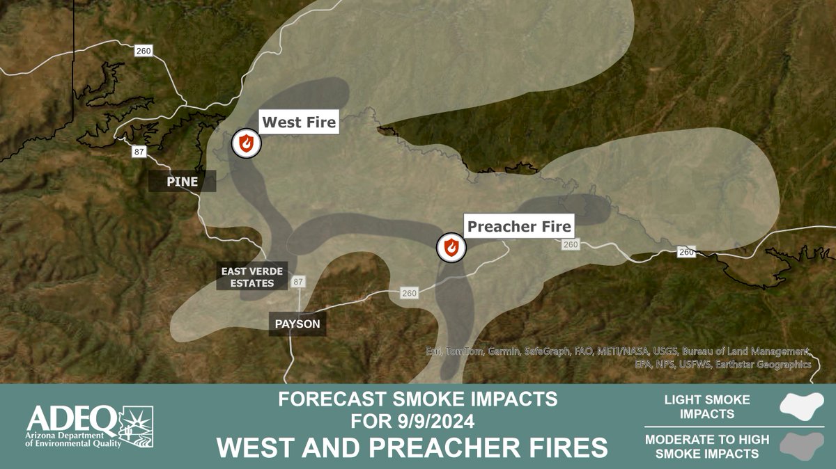 ArizonaDEQ's tweet photo. 🚨ADEQ has UPDATED the #WestFire and #PreacherFire Wildfire Smoke Forecast.
See how #smoke is affecting your local community #Payson #Pine #StarValley #TontoVillage #EastVerdeEstates 🔥
Learn More ➡️ https://t.co/Cgkhhhk3VX
#AZFire #AZWildfire #WildfireSmoke #AZ https://t.co/SBp3CzbNCw