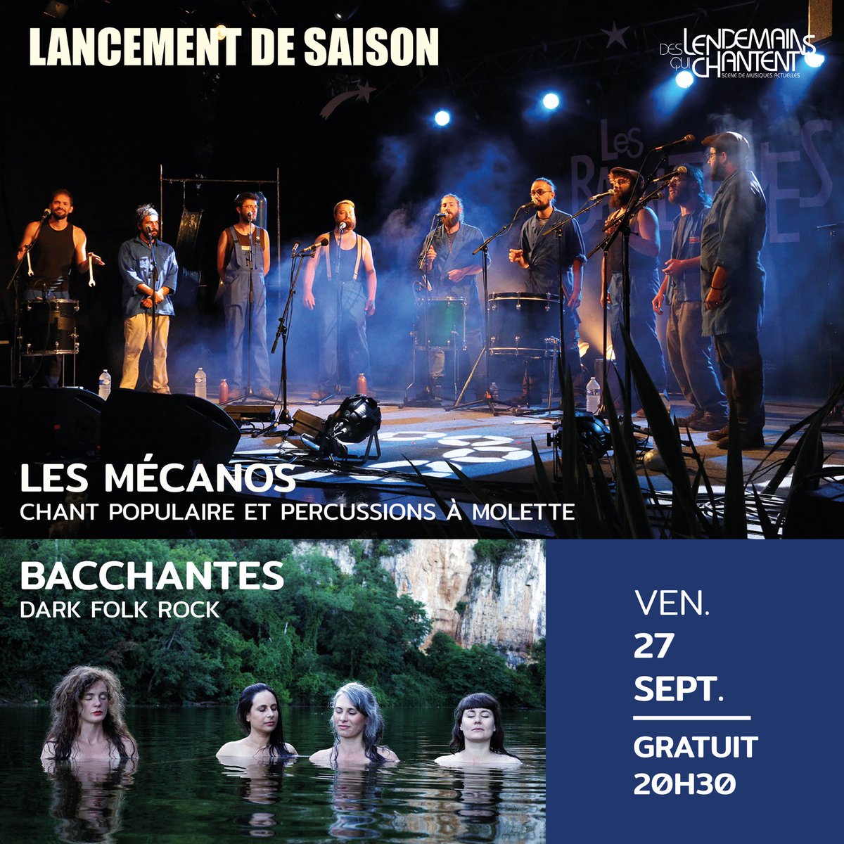 ✨ LANCEMENT DE SAISON | LES MÉCANOS + BACCHANTES ✨
VEN. 27 SEPT. - 20H30 - CONCERT GRATUIT
📍 Des Lendemains Qui Chantent - Avenue du Lieutenant Colonel Faro, 19000 Tulle

LES MÉCANOS
- Chant populaire et percussions à molette -

BACCHANTES
- Dark folk rock -