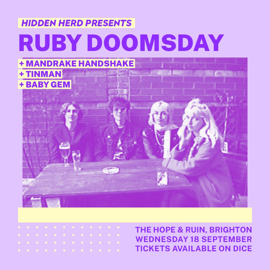 Hidden Herd (@hiddenherd) on Twitter photo London's Ruby Doomsday will play Hidden Herd at <a href="/thehopeandruin/">The Hope & Ruin</a> with <a href="/mdrakehshake/">Mandrake Handshake</a>, @thebandoftinman and <a href="/BabyGemBand/">Baby Gem</a> π₯
Featuring members of <a href="/Honey_MoonUK/">Honey Moon</a> and <a href="/_ratstails/">Rats-Tails</a>, donβt miss their doo-wop 'n' roll on 18th September.
Get tickets on DICE β‘οΈ linktr.ee/hiddenherd London's Ruby Doomsday will play Hidden Herd at <a href="/thehopeandruin/">The Hope & Ruin</a> with <a href="/mdrakehshake/">Mandrake Handshake</a>, @thebandoftinman and <a href="/BabyGemBand/">Baby Gem</a> π₯
Featuring members of <a href="/Honey_MoonUK/">Honey Moon</a> and <a href="/_ratstails/">Rats-Tails</a>, donβt miss their doo-wop 'n' roll on 18th September.
Get tickets on DICE β‘οΈ linktr.ee/hiddenherd