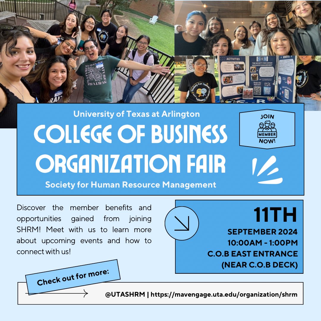 Interested in joining SHRM? Look for us at outside the College of Business deck this Wednesday!✨ Learn more about the benefits of UTA SHRM!Please apply now for Fall 2024- Spring 2025 (one semester or academic year)! Membership applications and payment are due Sunday, Sept. 22!