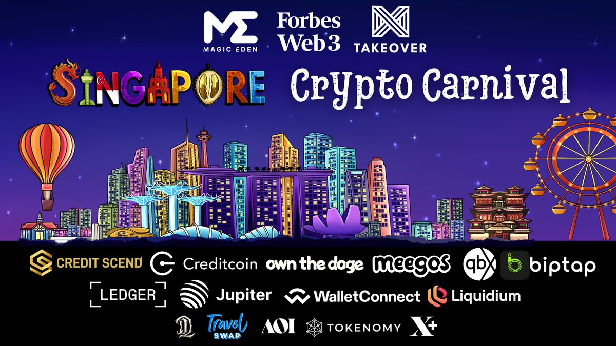 Forbes Web3 (@forbesweb3) on Twitter photo T-10 days to the epic Crypto Carnival w/ <a href="/MagicEden/">Magic Eden 🪄</a> <a href="/TakeOverIRL/">TAKEOVER 🔜 BTC Vegas 2025</a>🎡
Co-hosts <a href="/credit_scend/">CREDIT SCEND</a> @creditcoin <a href="/ownthedoge/">Own The Doge 🐶🖼</a> <a href="/MeegosNFT/">Meegos</a> <a href="/biptapofficial/">biptap</a> <a href="/qiibeefdn/">qiibee foundation</a>
Partners <a href="/Ledger/">Ledger</a> <a href="/JupiterExchange/">Jupiter (🐱, 🐐)</a> <a href="/WalletConnect/">WalletConnect</a> <a href="/LiquidiumFi/">Liquidium</a> <a href="/XDeGods/">X+ 🏴☠️</a> <a href="/tokenomy/">Tokenomy</a> <a href="/TravelSwap_xyz/">TravelSwap</a> <a href="/ArtOnInternet/">AOI</a> <a href="/DarknightLabs/">Darknight Labs ⬛️</a> T-10 days to the epic Crypto Carnival w/ <a href="/MagicEden/">Magic Eden 🪄</a> <a href="/TakeOverIRL/">TAKEOVER 🔜 BTC Vegas 2025</a>🎡
Co-hosts <a href="/credit_scend/">CREDIT SCEND</a> @creditcoin <a href="/ownthedoge/">Own The Doge 🐶🖼</a> <a href="/MeegosNFT/">Meegos</a> <a href="/biptapofficial/">biptap</a> <a href="/qiibeefdn/">qiibee foundation</a>
Partners <a href="/Ledger/">Ledger</a> <a href="/JupiterExchange/">Jupiter (🐱, 🐐)</a> <a href="/WalletConnect/">WalletConnect</a> <a href="/LiquidiumFi/">Liquidium</a> <a href="/XDeGods/">X+ 🏴☠️</a> <a href="/tokenomy/">Tokenomy</a> <a href="/TravelSwap_xyz/">TravelSwap</a> <a href="/ArtOnInternet/">AOI</a> <a href="/DarknightLabs/">Darknight Labs ⬛️</a>