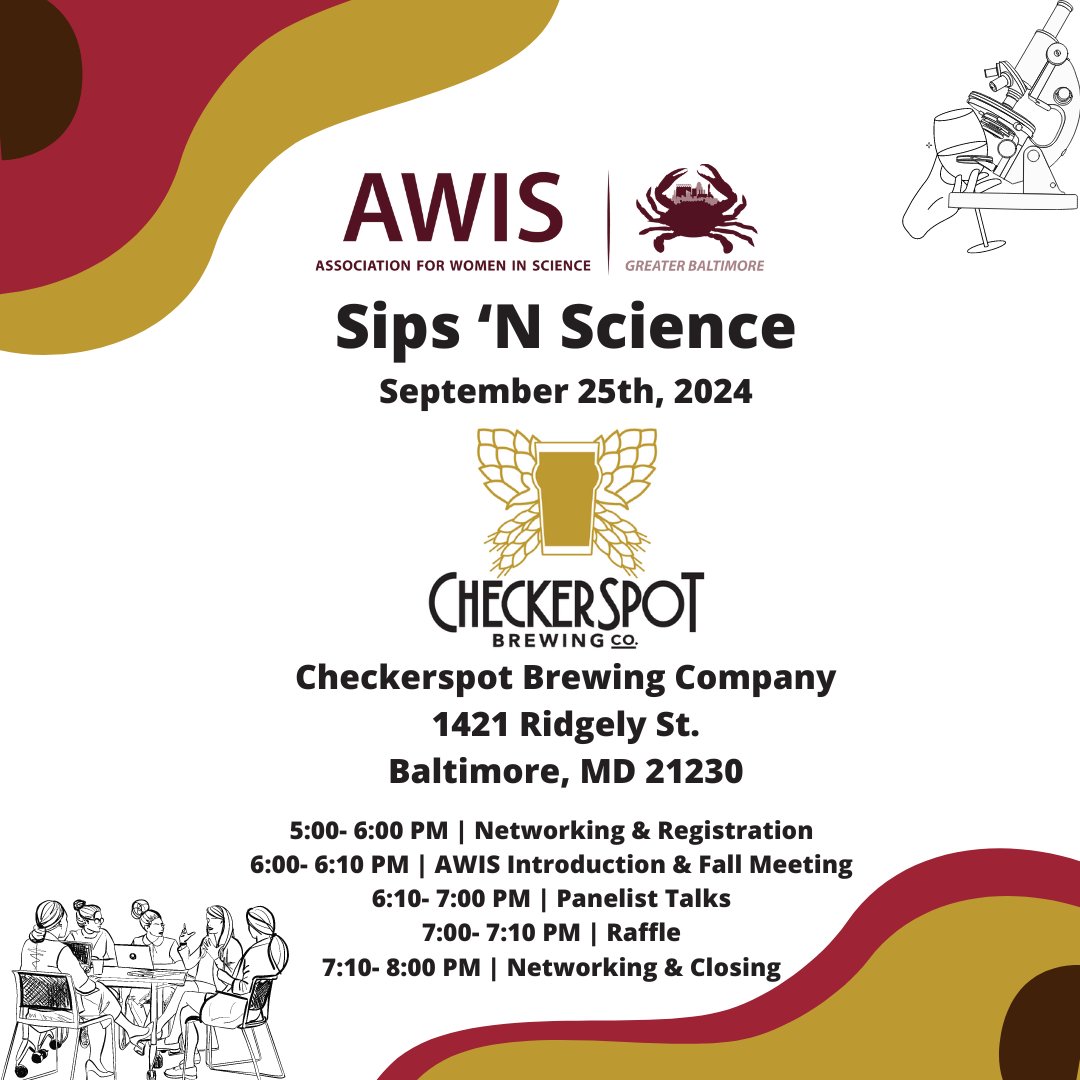 AWISBalt's tweet image. Join us at @CheckerspotBC on Sept 25th, 5-8 PM!
Hear 3 inspiring women in STEM, network, &amp;amp; enjoy a free drink ticket for the first 20! 🎟️

Open to all. If Eventbrite says &quot;Sold Out,&quot; still join us!

#LinkInBio #SipsNScience #WomenInSTEM #AWISBaltimore #Networking #BaltimoreEvents