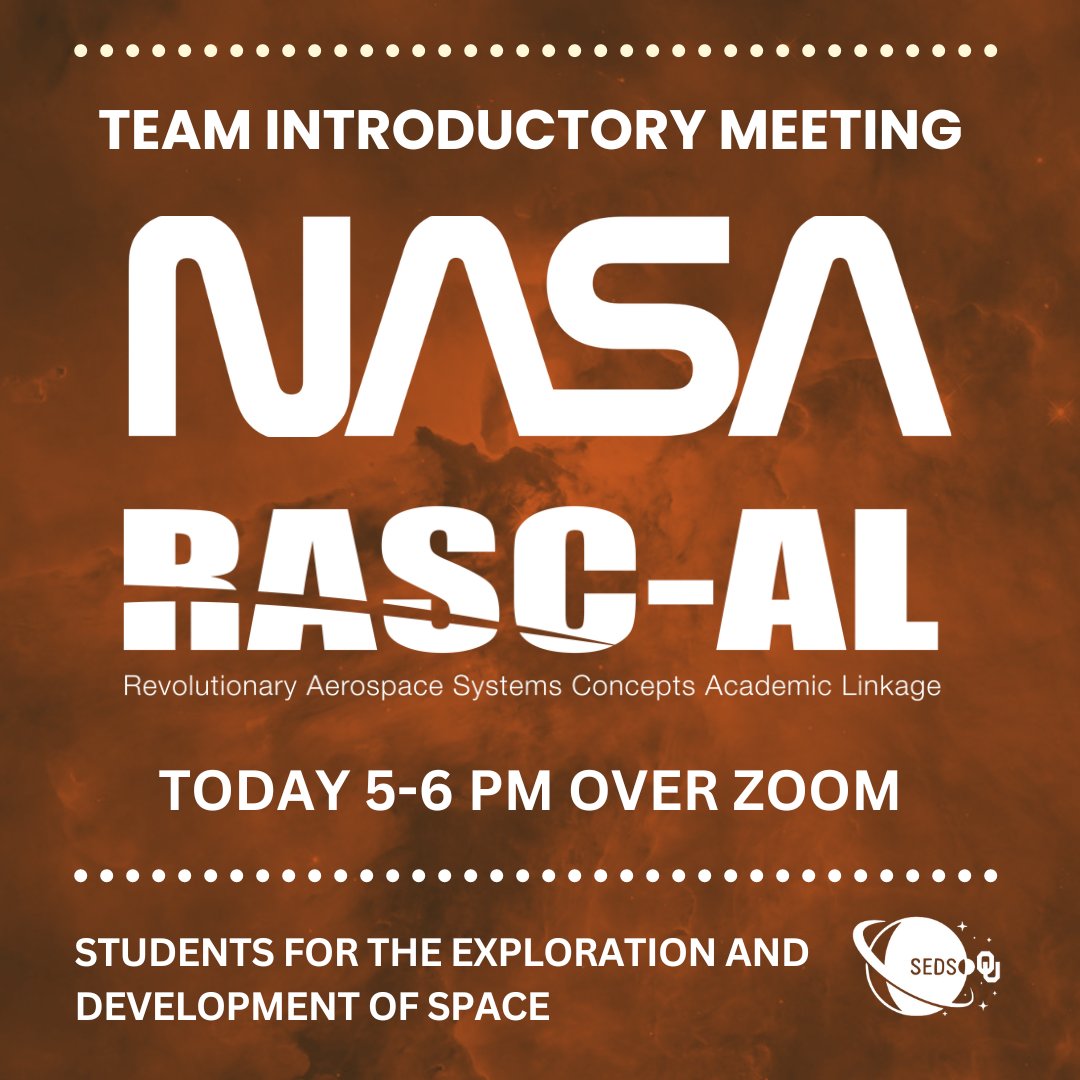 OfficialSEDSOU's tweet photo. Our RASC-Al team introductory meeting will be today from 5 to 6 PM over zoom. Link to the zoom meeting will be in the bio. https://t.co/tnRR5OHGKY