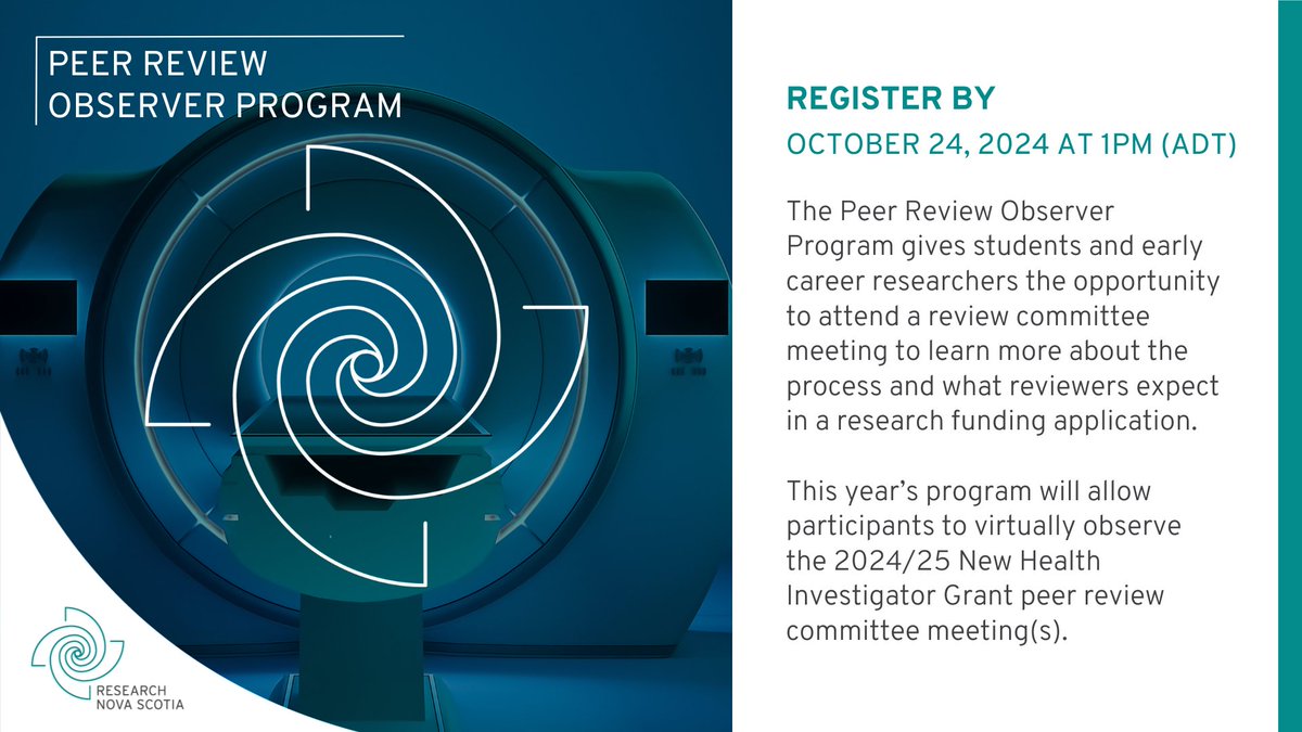 The Peer Reviewer Observer Program gives students &amp; early career researchers the opportunity to attend a review committee meeting to learn more about the process &amp; what reviewers expect in a research funding application.

Learn more &amp; register: researchns.ca/peer-review-ob…