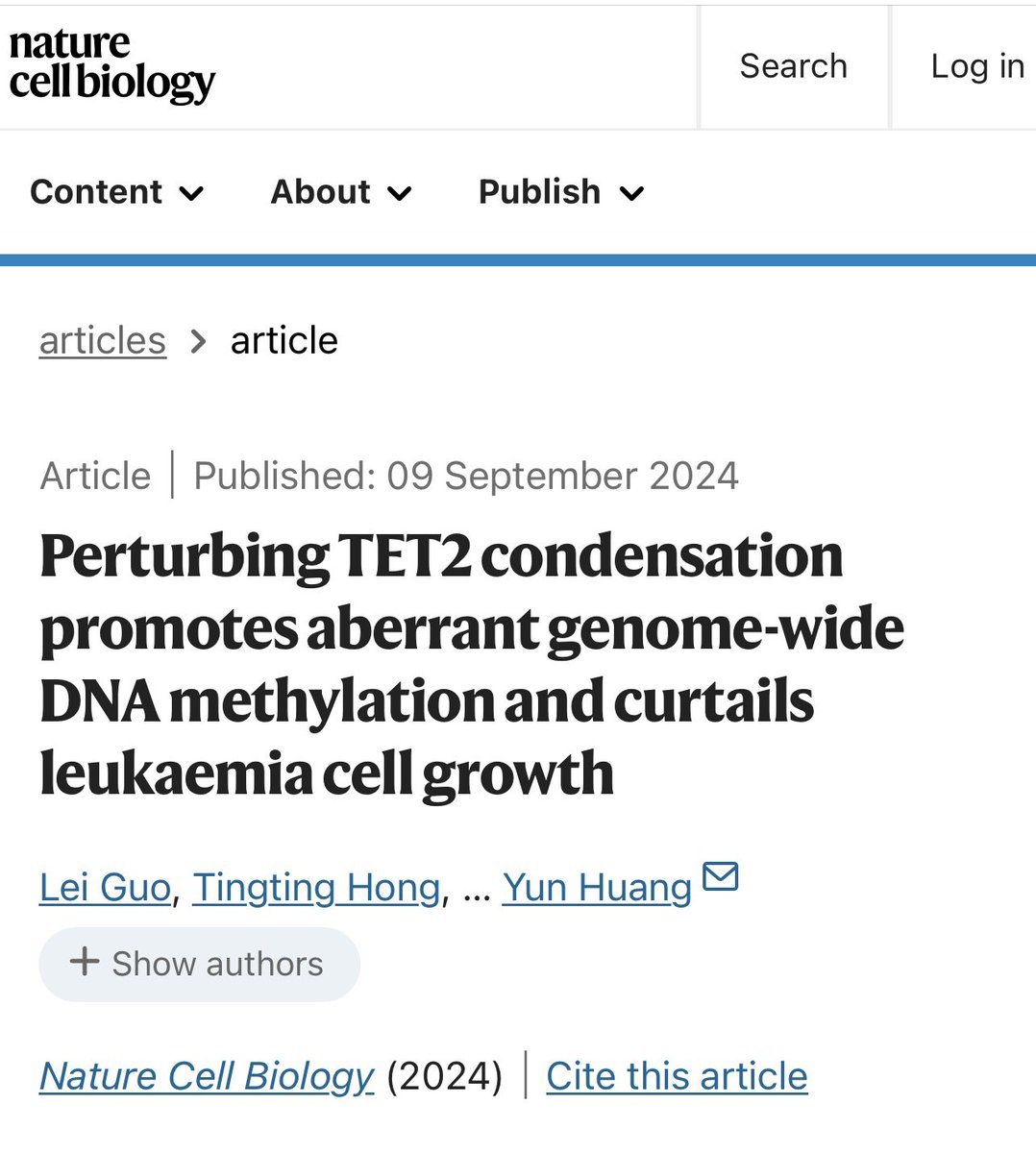 YunNancyHuang_lab@TAMU (@yun_nancy_huang) on Twitter photo Online today <a href="/NatureCellBio/">Nature Cell Biology</a> “Perturbing TET2 condensation promotes aberrant genome-wide DNA methylation and curtails leukaemia cell growth” Congratulations to Lei, Tingting and team! Thanks <a href="/ZhouLaboratory/">🧬ZhouLab🧬</a> for the collaboration! nature.com/articles/s4155… Online today <a href="/NatureCellBio/">Nature Cell Biology</a> “Perturbing TET2 condensation promotes aberrant genome-wide DNA methylation and curtails leukaemia cell growth” Congratulations to Lei, Tingting and team! Thanks <a href="/ZhouLaboratory/">🧬ZhouLab🧬</a> for the collaboration! nature.com/articles/s4155…