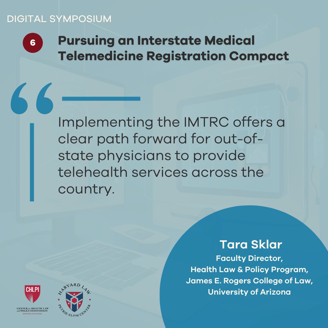 Rounding up the #BillOfHealth Digital Symposium on #FutureOfTelehealth, <a href="/trsklar/">Tara Sklar 🇺🇦</a> of <a href="/uarizonalaw/">Univ. of Arizona Law</a>, argues the need to pursue an interstate medical telemedicine registration compact. 

Read: blog.petrieflom.law.harvard.edu/2024/09/06/pur…

<a href="/azlawhealth/">Arizona Health Law</a>, <a href="/SWTRC1/">Southwest Telehealth Resource Center</a>, <a href="/UAZATP/">Arizona Telemedicine Program</a> @petrieflom