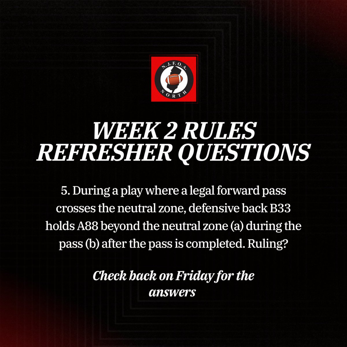 NJFOA_North's tweet photo. Here are 3 rules refresher questions from the week 2 set! Swipe 👉🏼 to see all three questions! Leave a comment with the answer and then check back on Friday to see how you did! DISCLAIMER:  NFHS Rules differ from those used in the NCAA and NFL…. #njfoa #north #referees #football https://t.co/I1RrdLiR8v