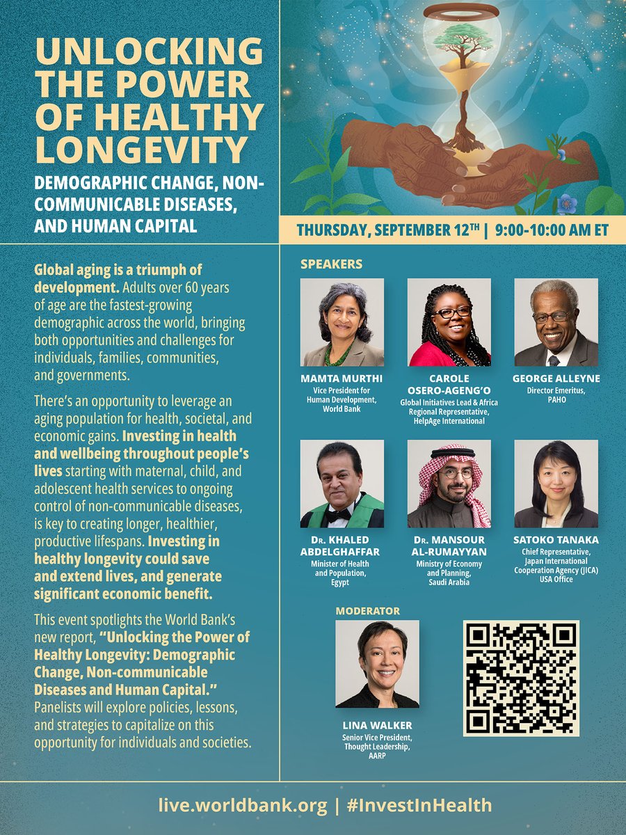 WBG_Health's tweet photo. Investing in healthy longevity will improve lives and deliver strong economic returns, contributing to #HumanCapital while reducing poverty.

Join the conversation to learn more and hear from @WorldBank @AARP @PAHOWHO @jica_usa experts #InvestInHealth https://t.co/Icv3oBbq9Y https://t.co/yXEyPCTeMP