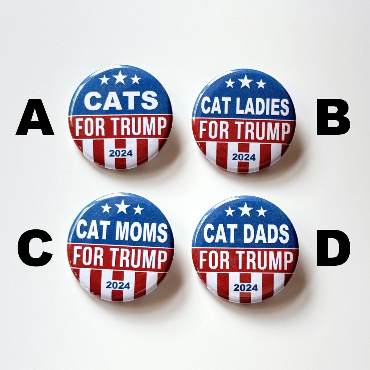 ButtonCabin's tweet photo. NEW IN STOCK! Cats For Trump. Cat Ladies For Trump. Cat Moms For Trump. Cat Dads For Trump. https://t.co/m7nb4SixKX https://t.co/QvG0vGo1c9