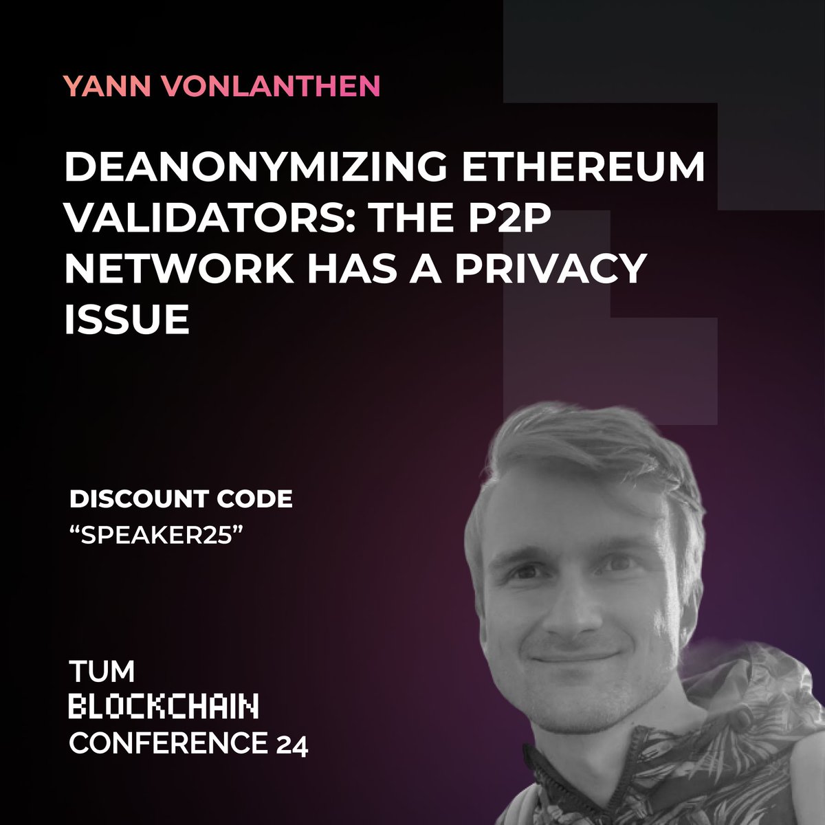 Yann Vonlanthen (@yannvon) on Twitter photo Our work on Ethereum validator anonymity is now online (thanks for sharing, <a href="/Istvan_A_Seres/">Seres István András</a>)!
Excited to be presenting it this Friday at the TUM Blockchain Conference. Shout out to <a href="/tbc_munich/">TUM Blockchain Club</a> for hosting! Our work on Ethereum validator anonymity is now online (thanks for sharing, <a href="/Istvan_A_Seres/">Seres István András</a>)!
Excited to be presenting it this Friday at the TUM Blockchain Conference. Shout out to <a href="/tbc_munich/">TUM Blockchain Club</a> for hosting!