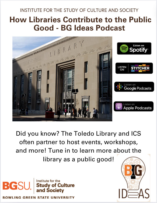 icsbgsu's tweet photo. 📚 Did you know? The Toledo Library and ICS team up to bring amazing events and resources to our community! Learn more about how libraries contribute to the public good on the latest BG Ideas Podcast. 🎧
#ToledoLibrary #bgideaspodcast #BGIdeasPodcast #ics #icsbgsu #bgsu https://t.co/cYis44lbFz