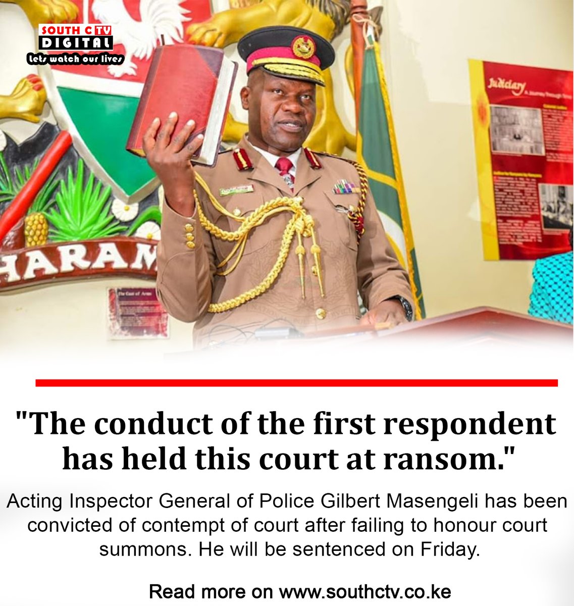southc_tv's tweet photo. Acting Inspector General of Police Gilbert Masengeli has been convicted of contempt of court after failing to honour court summons. He will be sentenced on Friday.
#rosemaryexposed #batch5796 #police #judiciary https://t.co/klX431ZgV8