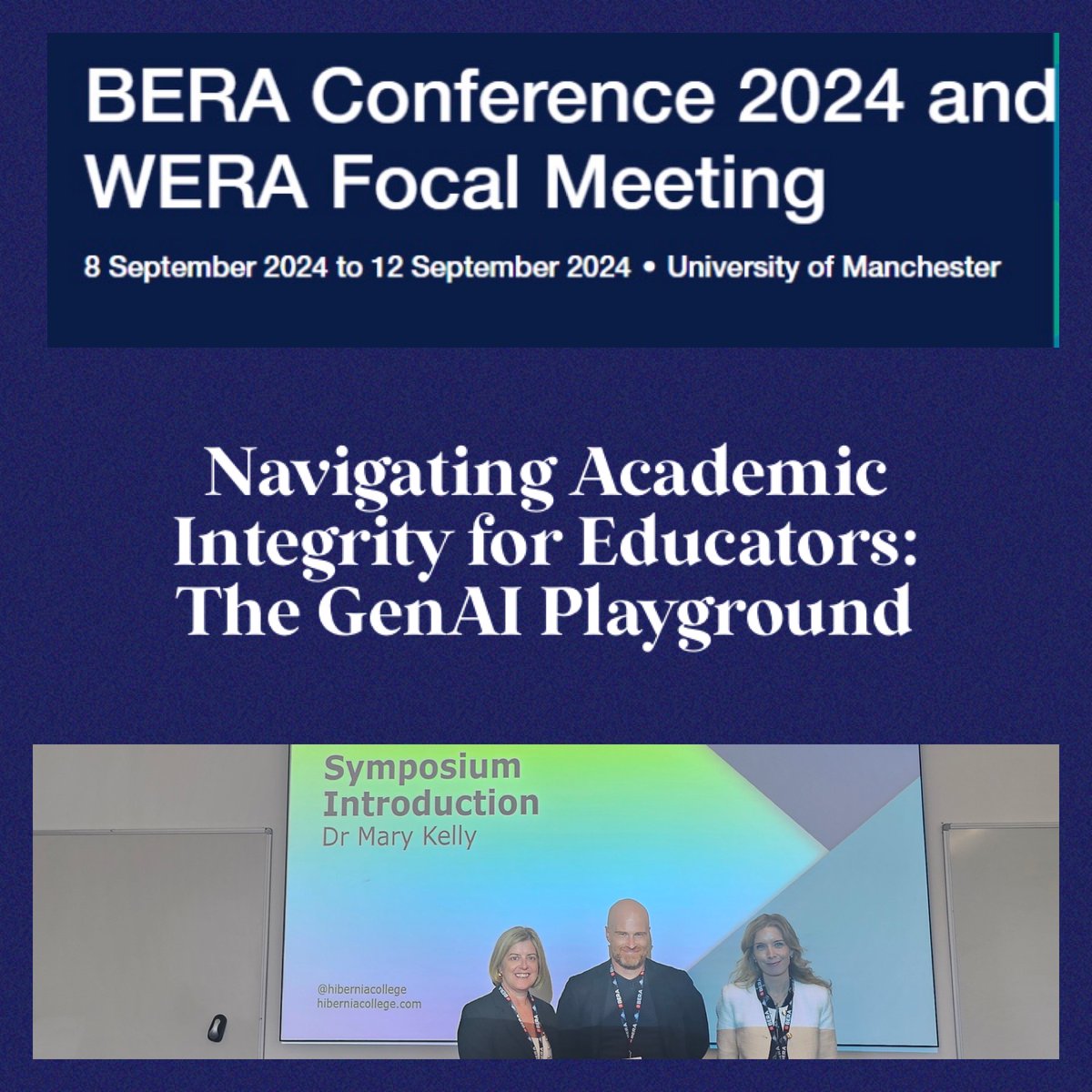 HiberniaCollege's tweet photo. Today @marykelly_ed  @CaseyElvacasey, Dr Robin Flynn hosted a symposium on Navigating Academic Integrity for Educators:The GenAI Playground. This  charted the development of a Community of Practice approach to emerging academic integrity challenges in GenAI.#BERA #GenAi https://t.co/cOqdNhOqkV