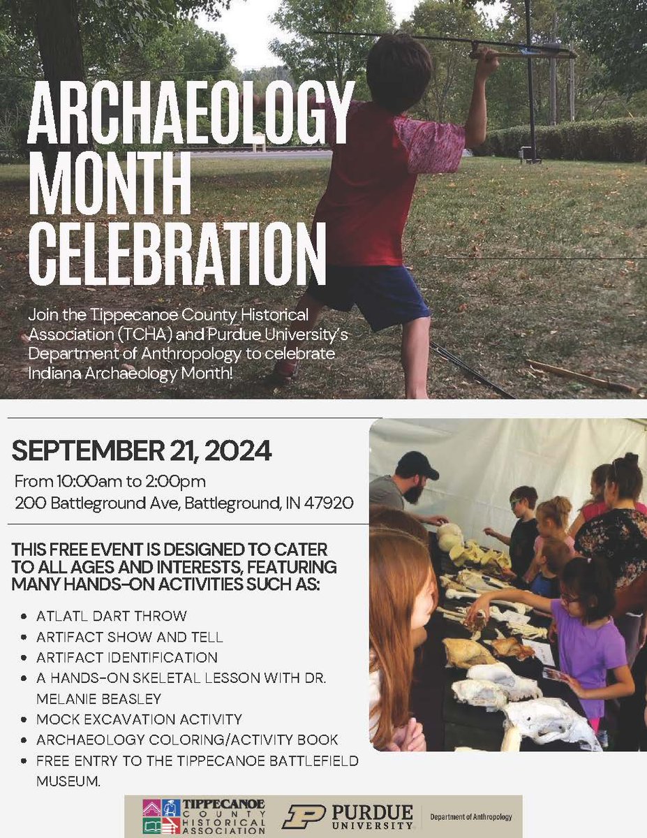 PurdueANTH's tweet photo. Join us in celebrating Indiana Archaeology Month!
https://t.co/wGmJYHr4NN
@INdnrnews #INArchaeoMonth #INDHPA #PurdueANTH #TCHA https://t.co/mK77otOqbp