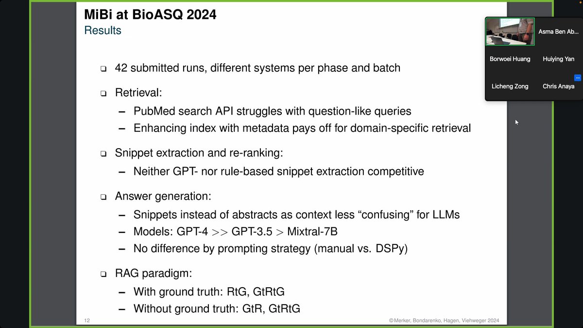 AsmaBenAbacha's tweet image. Interesting methods & results on RAG for Biomedical Question Answering from the first session of the @BioASQ workshop @ #CLEF2024
Generative Large Language Models Augmented Hybrid Retrieval System for Biomedical Question Answering Bor-Woei Huang: ceur-ws.org/Vol-3740/paper…
MiBi at…