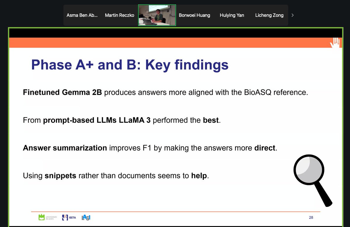 AsmaBenAbacha's tweet image. Interesting methods & results on RAG for Biomedical Question Answering from the first session of the @BioASQ workshop @ #CLEF2024
Generative Large Language Models Augmented Hybrid Retrieval System for Biomedical Question Answering Bor-Woei Huang: ceur-ws.org/Vol-3740/paper…
MiBi at…
