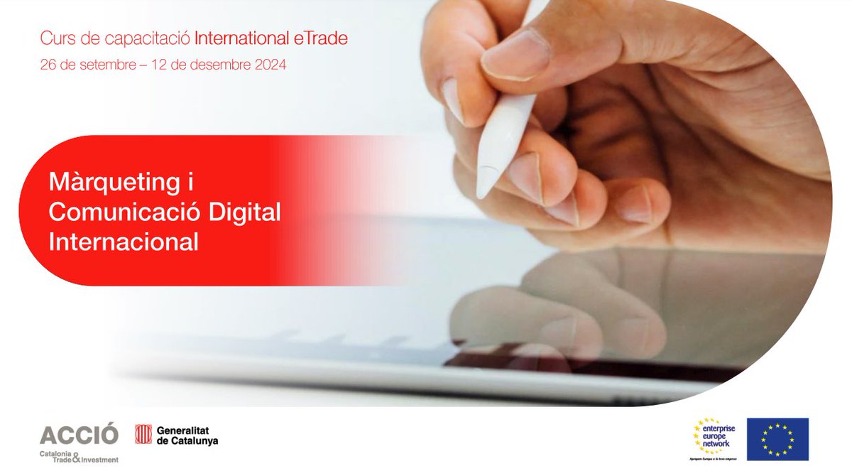 Impulsa la teva Estratègia Digital Internacional! Formació #eTrade d’ACCIÓ
🎯 30 Places
📍 Format virtual
🗓 Dimarts i dijous
⏰ Horari: De 16h a 18h
🗓 Del 26/9 al 12/12

👉 Inscripcions fins 11/9: lnkd.in/gPPBk99R
