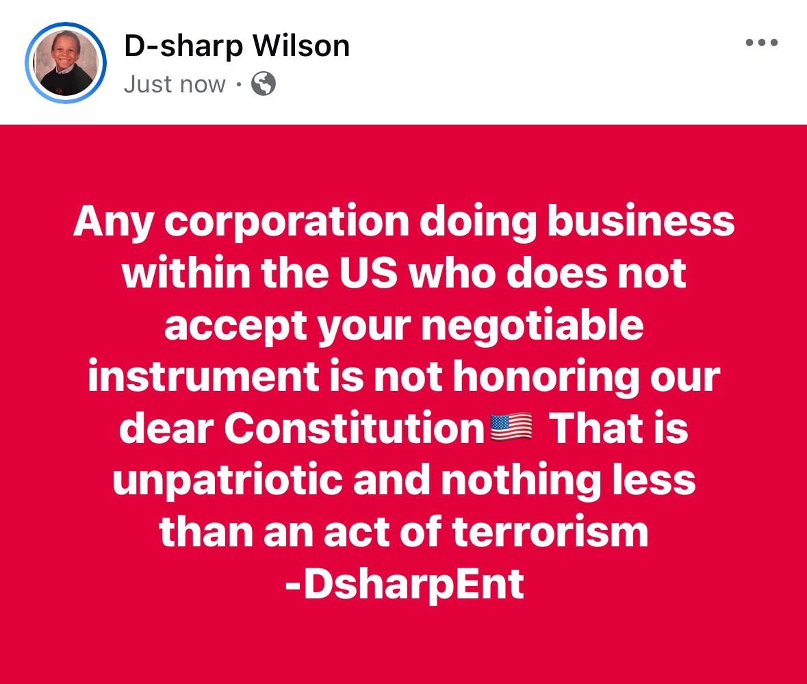 DSharpent's tweet image. Any corporation doing business within the US who does not accept your negotiable instrument is not honoring our dear Constitution🇺🇸 That is unpatriotic and nothing less than an act of terrorism
-DsharpEnt
