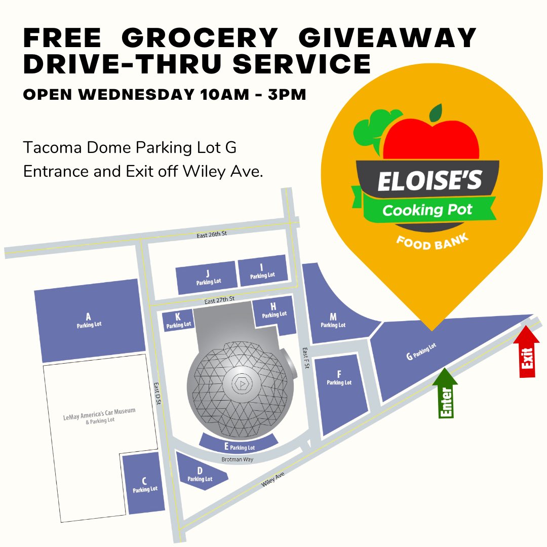 Free Grocery Giveaway Drive-Thru Service is back this Wednesday September 11th. We will be open from 10am-3pm in the Tacoma Dome Lot G. See you there!