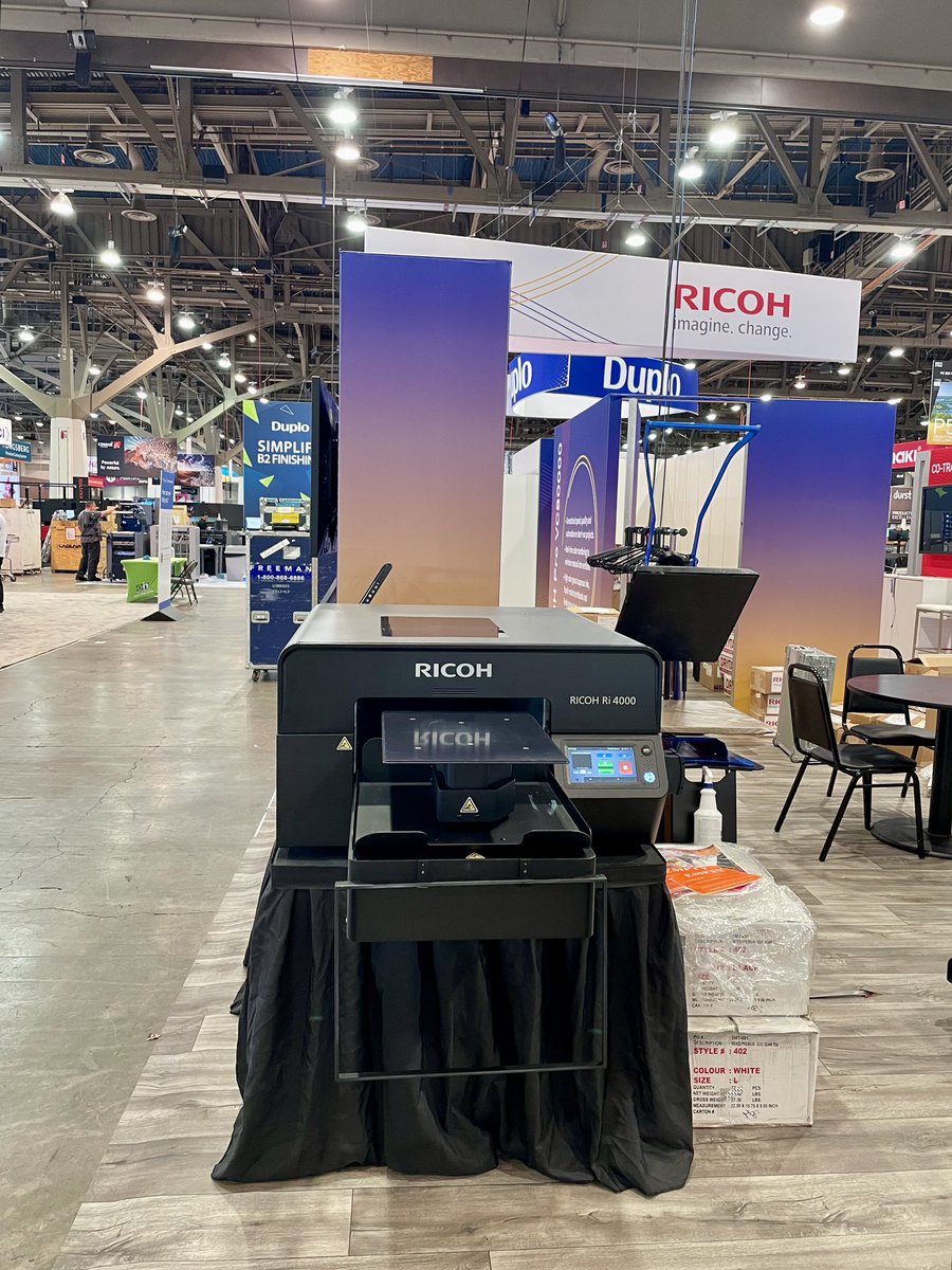 RicohDTG's tweet photo. Exciting day setting up the RICOH DTG and DTF printers before the big show tomorrow! 🔧 Come see the RICOH Ri 4000 and our new DTF technology in action at booth C2161, Central Hall! Don’t miss out! #Ricoh #printingunitedexpo #dtgprinters #DTFprinting #LasVegas https://t.co/KgJcdFDBMa