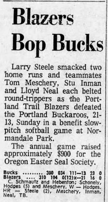 77Blazers's tweet photo. September 8 1974 - Members of the @trailblazers and and of the #WHL Hockey team, the #PortlandBuckaroos, played their 3rd annual charity softball game. The game raised money for the Oregon Chapter of #EasterSeals.
#LarrySteele hit 2 Home Runs to lead the #Blazers past the Bucks 21-13. Down 12 to 9 entering the bottom half of the eighth inning, The Blazers scored 12 runs to jump into the lead. The Buckaroos could only add a single run in the ninth.
#RipCity #ThisDateinBlazersHistory