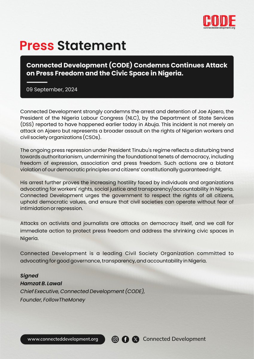 Connected_dev's tweet photo. ATTENTION ‼️

Connected Development’s (@connected_dev) press statement on arrest of NLC chairman and continued shrinking civic space in Nigeria!

“Freedom of the press is not just important to democracy, it is democracy”:- Walter Cronkite https://t.co/5EPjZY12TU