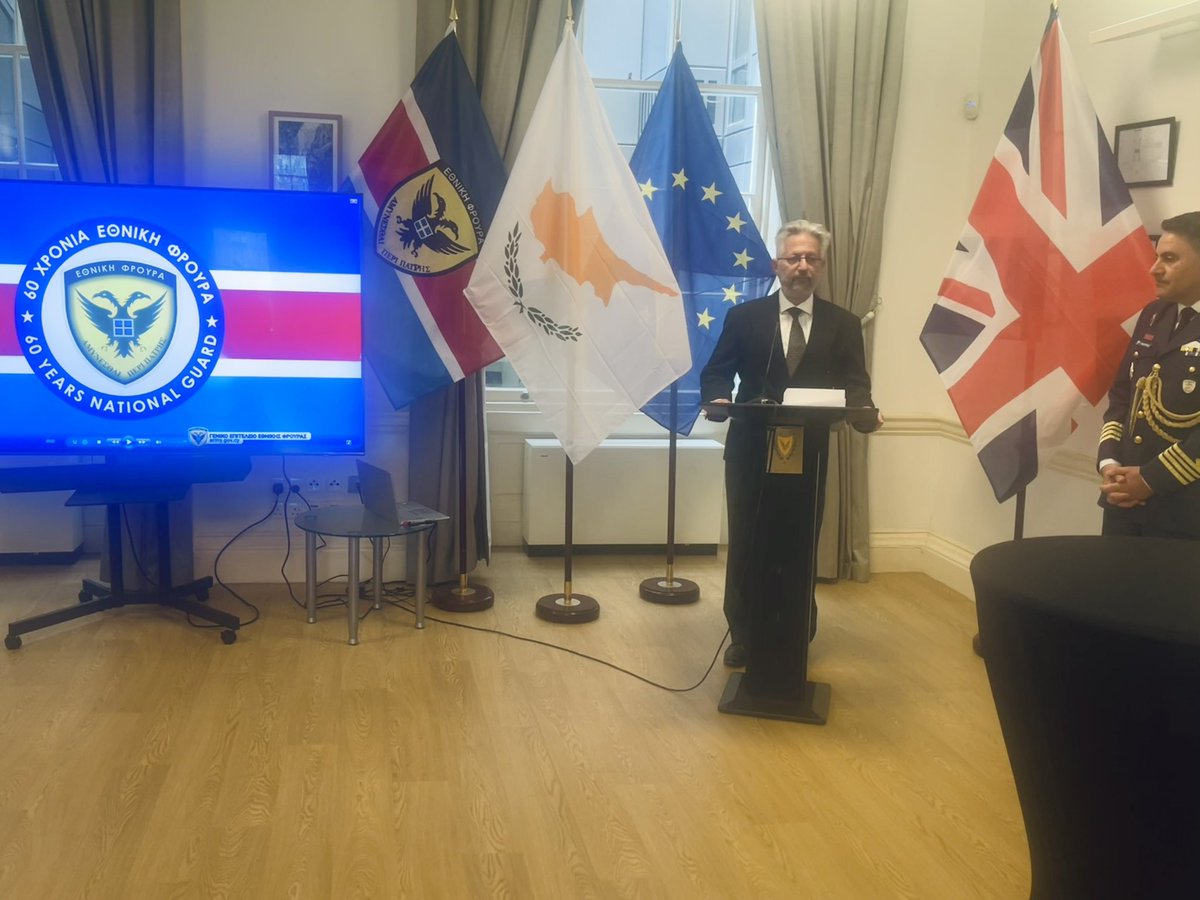 CyprusInUK's tweet photo. On the occasion of @NationalGuardCY #ArmedForcesDay, High Commissioner @KourosKyriakos and @DefenceCyprus Attaché in the UK, Lt Col @OnoufriouT, hosted a reception at the Cyprus House for representatives of the UK @DefenceHQ, the Defence Attachés Community and MPs in London. https://t.co/MCKyknRmb2