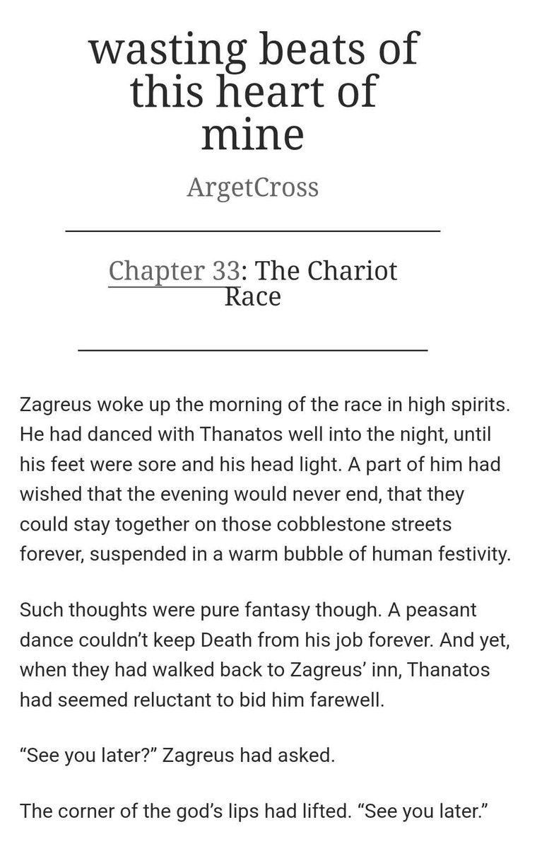Chapter 33, "The Chariot Race" of "wasting beats of this heart of mine", is up! 🏇🏅🌿

- hades game fanfic
- zagreus becomes a mortal au
- thanzag
- time to race!!!

archiveofourown.org/works/26832964…

#HADES #hadesgame #zagreus #thanzag #zagthan