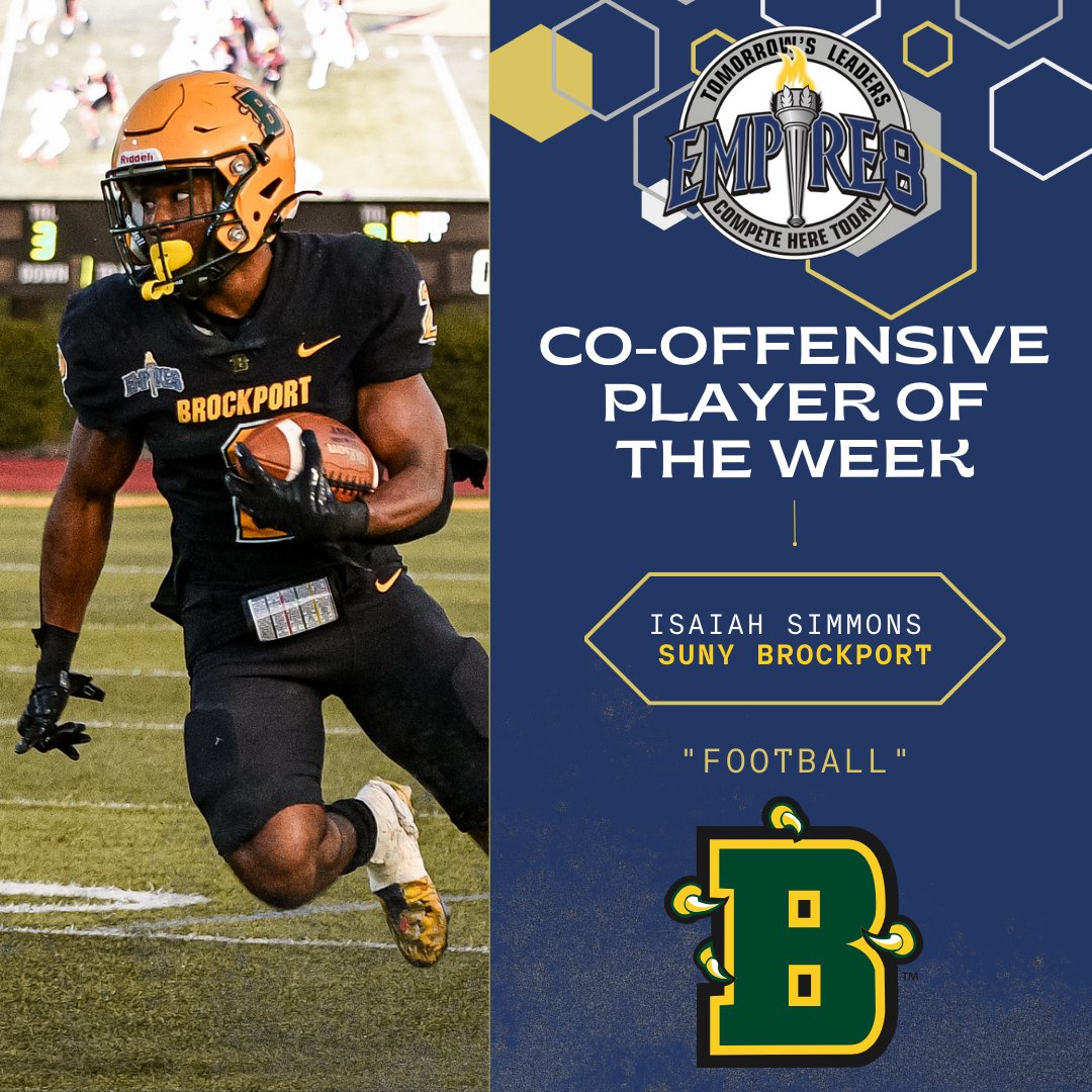 Empire 8 (@empire8) on Twitter photo Congrats to our first round of #E8 Football Weekly Award Winners!
Co-Offensive Player of the Week Matt Brantley
<a href="/Utica_Pioneers/">Utica Pioneers</a>
Co-Offensive Player of the Week Isaiah Simmons
<a href="/BportAthletics/">Brockport Athletics</a>
#E8Proud #LeadersCompeteHere #WhyD3 Congrats to our first round of #E8 Football Weekly Award Winners!
Co-Offensive Player of the Week Matt Brantley
<a href="/Utica_Pioneers/">Utica Pioneers</a>
Co-Offensive Player of the Week Isaiah Simmons
<a href="/BportAthletics/">Brockport Athletics</a>
#E8Proud #LeadersCompeteHere #WhyD3