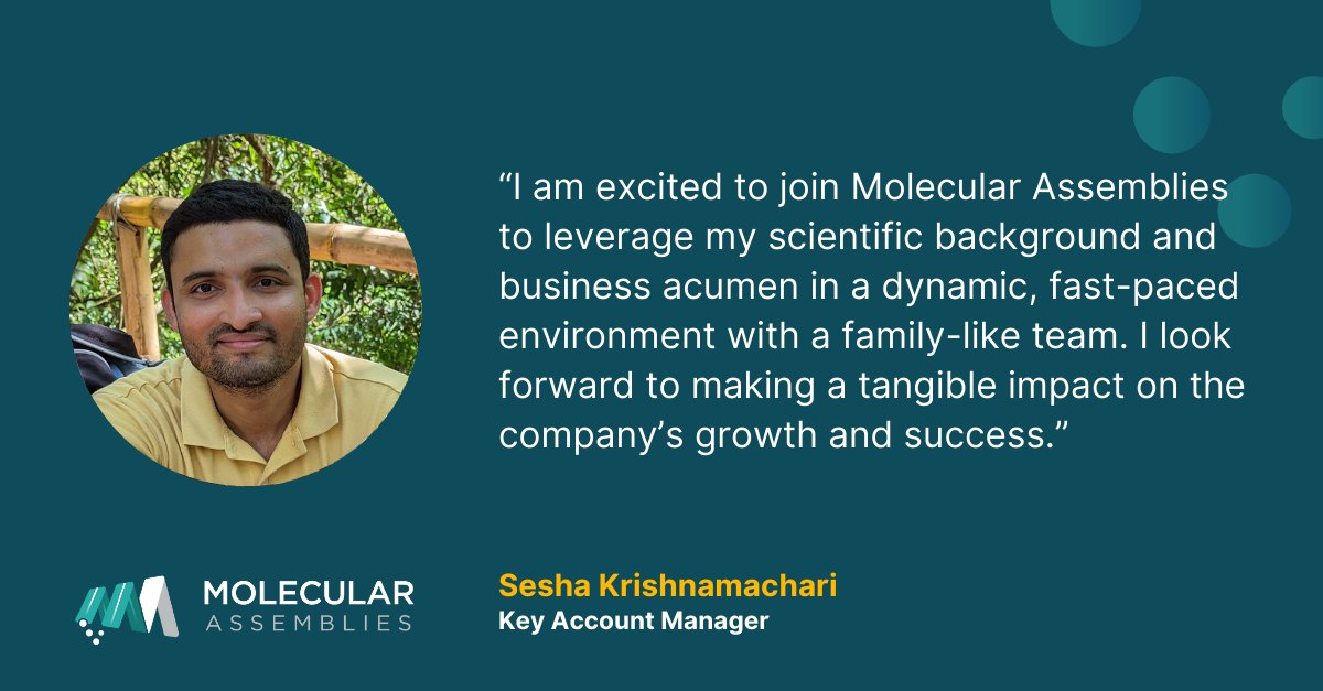 Welcome <a href="/sesha05/">sesha krishnamachari</a> to the MAI team as Key Account Manager! With over a decade of research &amp; account management experience, he can answer your questions about our industry-leading Fully Enzymatic Synthesis: molecularassemblies.com/product/

#DNA #FES #DNAuncompromised