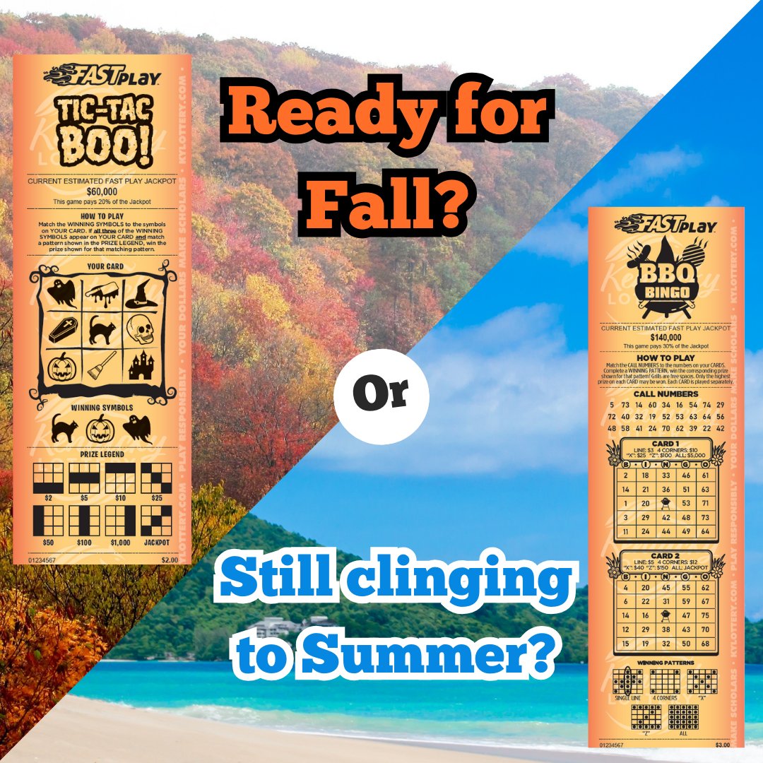 kylottery's tweet image. Pumpkin Spice or Sunny Vibes? 🤔 Fall is just around the corner! 🍂 Are you ready for Fall or still hanging on to Summer? REPLY with your answer and pick up the #FastPlay ticket that matches your pick in-store today! bit.ly/kyfastplay
