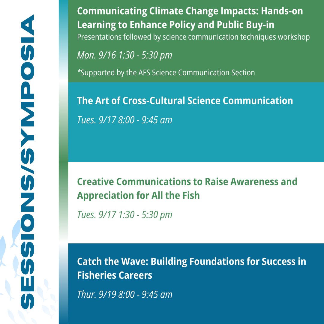 AFS SciComm Section (@afs_scicomm) on Twitter photo Want to maximize your #fishscicomm experience at next week’s <a href="/AmFisheriesSoc/">American Fisheries Society</a> Annual Meeting? 
Check out our list of scicomm-themed continuing education courses and symposia! Add these to your personalized itinerary on the AFS Events app! 
Did we miss one? Add the deets ⬇️ Want to maximize your #fishscicomm experience at next week’s <a href="/AmFisheriesSoc/">American Fisheries Society</a> Annual Meeting? 
Check out our list of scicomm-themed continuing education courses and symposia! Add these to your personalized itinerary on the AFS Events app! 
Did we miss one? Add the deets ⬇️