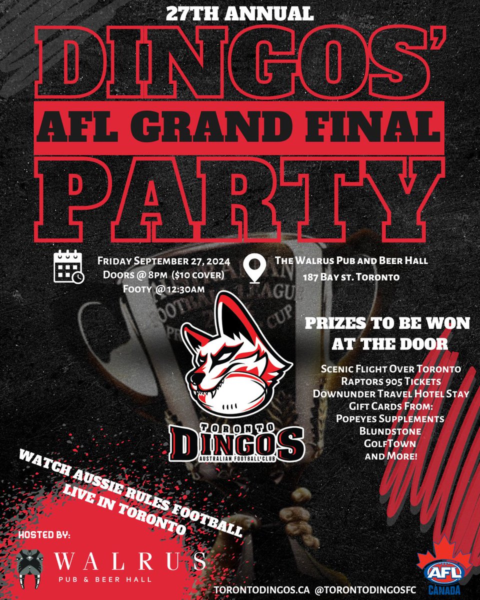 TorontoDingosFC's tweet photo. Join the pack for the Toronto Dingos' 27th annual @AFL Grand Final party! Watch the biggest game of the year with the best footy fans in Canada! Plenty of great food, drinks, prizes, and banter! All are welcome to attend! 
#AFL #AFLGrandFinal https://t.co/6zZDT2gdNp
