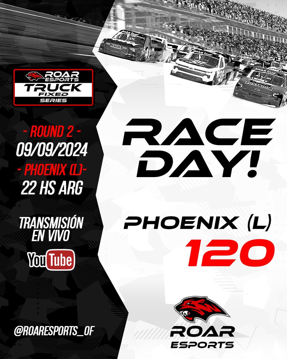 #ROARCUP 🔥TRUCK FIXED - ROUND 2🔥

Te esperamos! 👏

Aún estas a tiempo de ser parte, sumate en el siguiente link 🔥
🟥 Formulario de Inscripción - ROAR CUP - TRUCK FIXED - LUNES
forms.gle/LtcRSDnydNsTGs…

Broadcast / VIVO 👏
youtube.com/live/Rgz6qupCh…

#iRacing #Oval #NASCAR