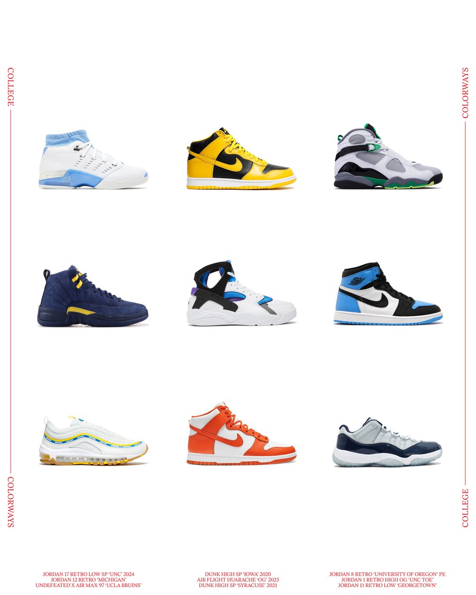 flightclub's tweet photo. Back in session. Discover collegiate colorways inspired by the nation's top universities. Choose from recognizable classics like the AJ17 'UNC' and 'Iowa' Dunk, or school the competition with exclusive releases from Oregon, Michigan and more.

Shop now: https://t.co/mCuTRntfii https://t.co/7G8EobD4MV