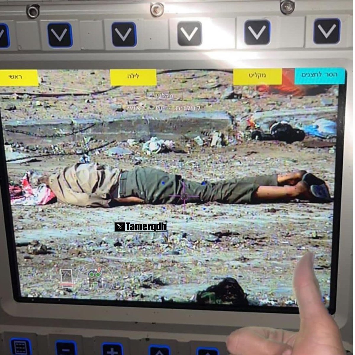 SuppressedNws's tweet photo. ⚡️JUST IN: 

An Israeli soldier posted a picture of a Palestinian child, whom the soldier had completely decapitated and disfigured in Gaza, expressing joy and satisfaction with the result.

Based on the appearance of the foot and by comparing the child's height to a road stone (measuring 70 centimeters), the child is estimated to be around 16 years old.

Credit: @tamerqdh