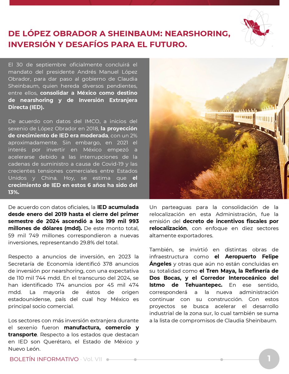 ConnectingMex's tweet photo. 📑Boletín Mensual 📑

Conforme se acerca el fin del mandato de López Obrador, Sheinbaum será la responsable de consolidar a México como destino de nearshoring. Sin embargo, tendrá que hacer frente a distintos desafíos para lograrlo. Te invitamos a consultar nuestro boletín👇🏽 https://t.co/7Na9Gv4EY5
