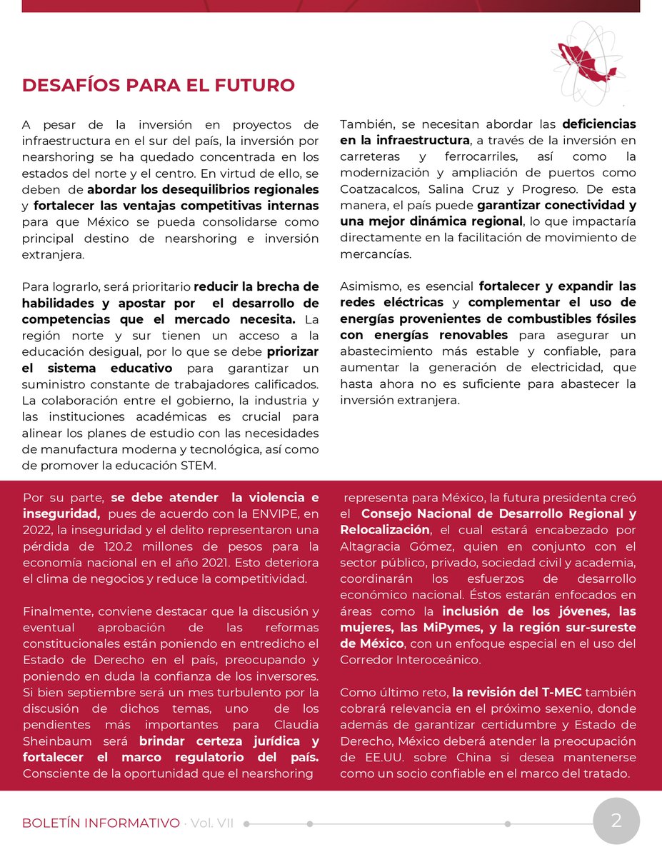 ConnectingMex's tweet photo. 📑Boletín Mensual 📑

Conforme se acerca el fin del mandato de López Obrador, Sheinbaum será la responsable de consolidar a México como destino de nearshoring. Sin embargo, tendrá que hacer frente a distintos desafíos para lograrlo. Te invitamos a consultar nuestro boletín👇🏽 https://t.co/7Na9Gv4EY5