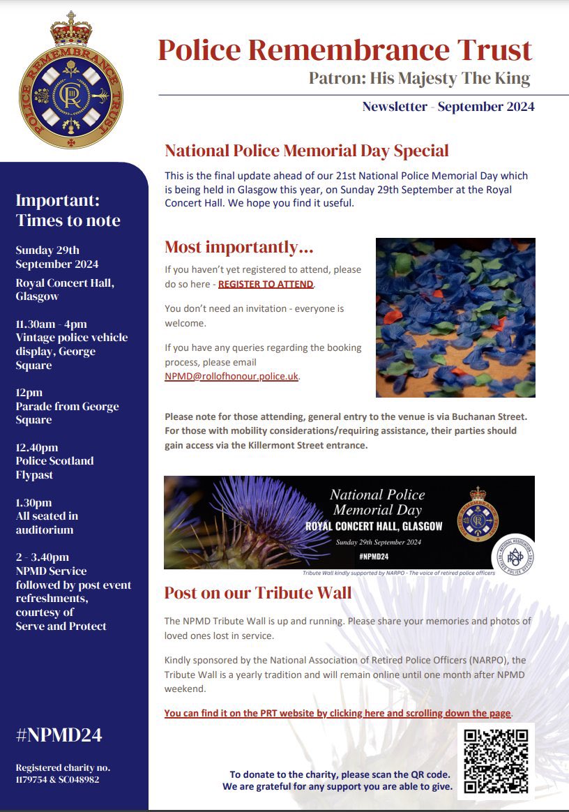 Our latest newsletter is out with important information for Sunday 29th September in Glasgow, #NPMD24

You can read it here policememorial.org.uk/wp-content/upl…