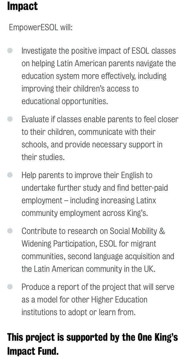 Really pleased to say <a href="/kclwp/">kclwp</a> <a href="/KCLWhatWorks/">KCL What Works</a> <a href="/SLondonCitizens/">South London Citizens</a> secured funding to deliver English for Action <a href="/EFALondon/">English for Action 🧡</a> courses for local Spanish-speaking parents with <a href="/dermotbryers/">Dermot Bryers</a> <a href="/ParentpowerSL/">Parent Power South London</a> <a href="/Kings_LC/">King's Language Centre (LC)</a> #OneKingsImpact👇🧐💥✌️