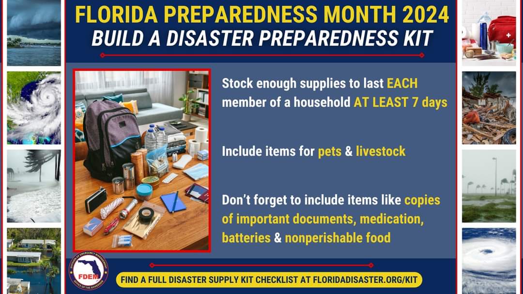 CityofVeniceFL's tweet photo. It’s Week 2 of Florida Preparedness Month, and the focus is stocking your disaster supply kit.
🎒 Make sure kits have enough supplies to last every individual & pet for at least 7 days.
➡ Find a full checklist at https://t.co/LlNhCixhSV
#FLPrepMonth https://t.co/jgPazvkSHq