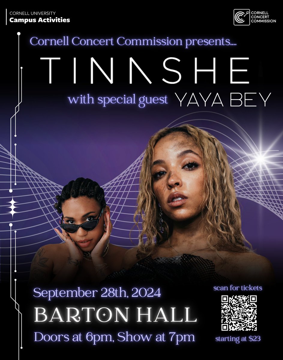 The Cornell Concert Commission is excited to present Tinashe and special guest Yaya Bey performing on September 28th in Barton Hall! Please sign in with the student/faculty/staff button to receive Cornell pricing. vivenu.com/event/ccc-home…