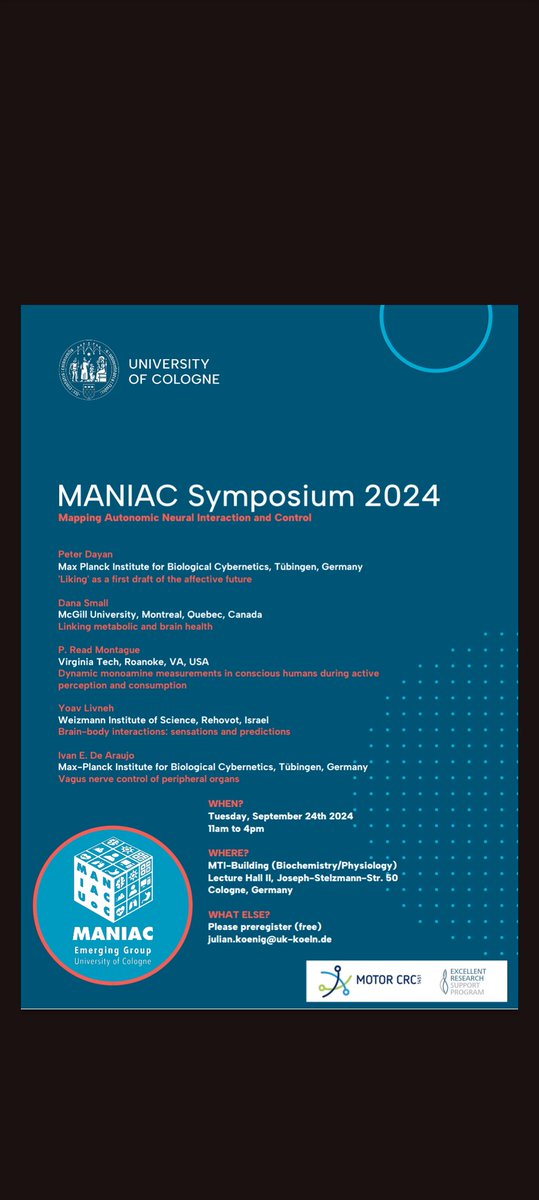 Max Planck Institute for Metabolism Research (@mpi_metabolism) on Twitter photo Spread the word:
🚨A MANIAC is coming to Cologne!🚨
All jokes aside: Don't miss out on the amazing Line Up and #Register for Mapping Autonomic Neural Interaction and Control (MANIAC) Symposium!✍🏽
It's happening in only two weeks (24th of September) - so be quick! Spread the word:
🚨A MANIAC is coming to Cologne!🚨
All jokes aside: Don't miss out on the amazing Line Up and #Register for Mapping Autonomic Neural Interaction and Control (MANIAC) Symposium!✍🏽
It's happening in only two weeks (24th of September) - so be quick!