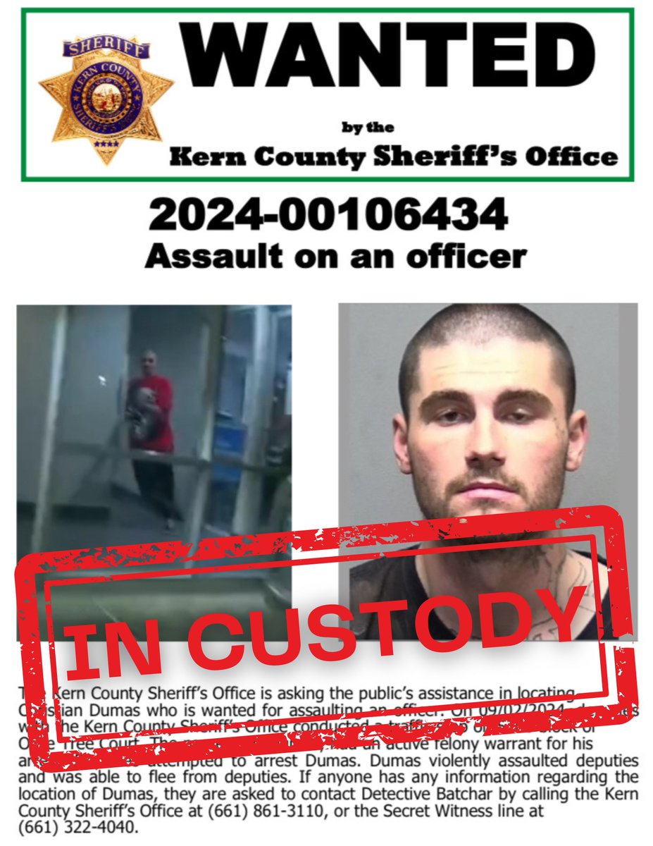 Suspect in Custody 
On Saturday, September 7, 2024, at approximately 2:00 a.m., Kern County Sheriff’s Office deputies arrested Christian Dumas, age 23, in the 400 block of North Chester. 
The case is active and ongoing and further details will be released at a later date.