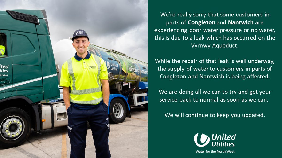 United Utilities (@unitedutilities) on Twitter photo ⚠️ We're aware that some customers in the #Congleton / #Nantwich area are experiencing low pressure or no water. 
The latest updates can be found here: unitedutilities.com/emergencies/up…⚠️ ⚠️ We're aware that some customers in the #Congleton / #Nantwich area are experiencing low pressure or no water. 
The latest updates can be found here: unitedutilities.com/emergencies/up…⚠️