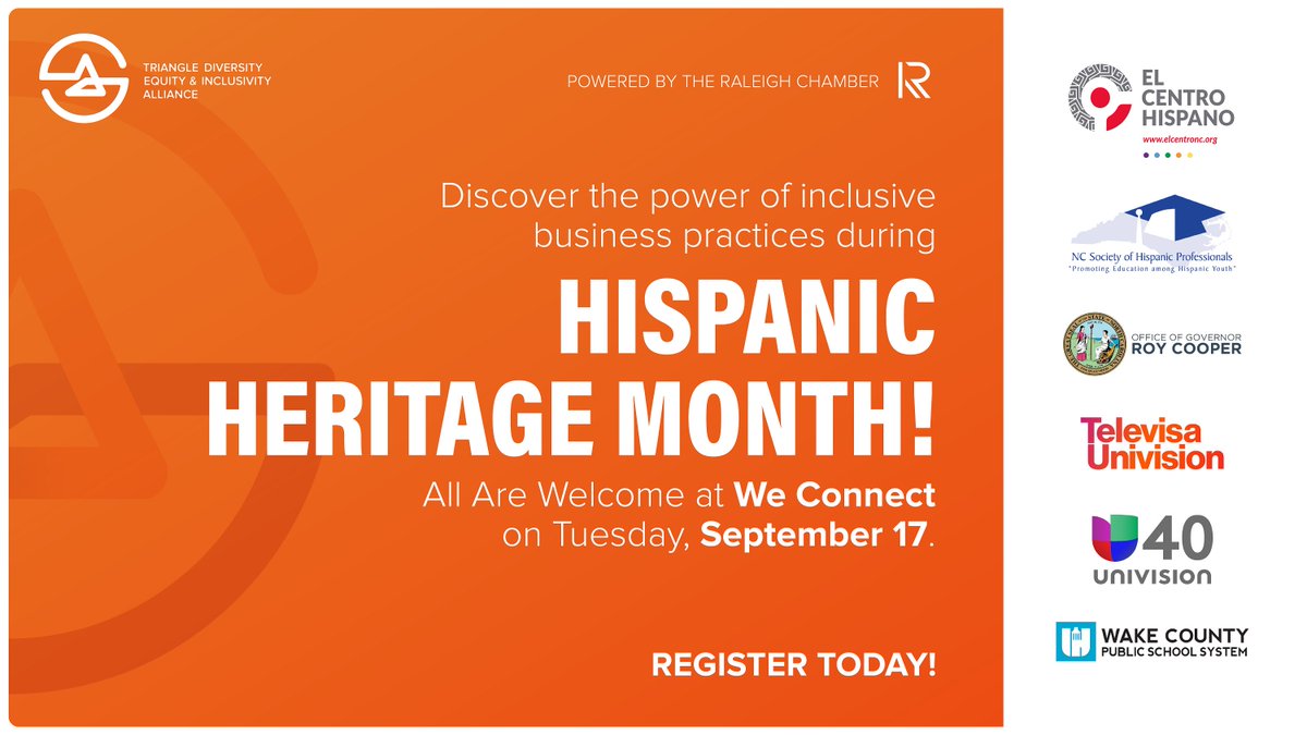 raleighchamber's tweet photo. Did you know Hispanic Heritage Month is from September 15 - October 15 each year? This Hispanic Heritage Month, make a difference by attending @triangledei’s #WeConnectTriangle with @noticias40, @TeleUniCompany, @TheNCSHP, @CentroHispanoNC & more: https://t.co/iZiAoB4hJP https://t.co/FpqGlY25jR