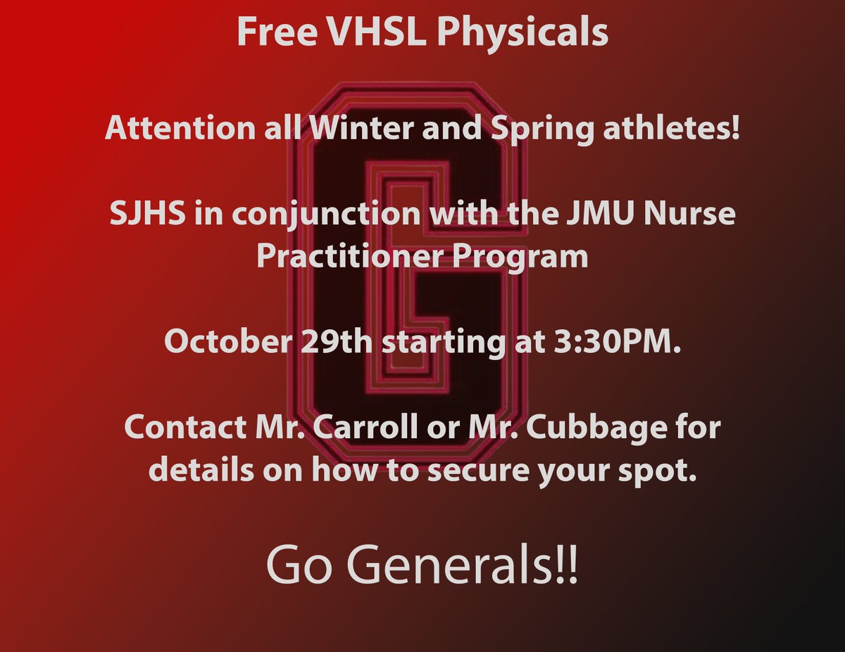 GSU_Update's tweet photo. Attention all Winter and Spring athletes! SJHS, in conjunction with the JMU Nurse Practitioner Program, is offering free athletic physicals on October 29th starting at 3:30 PM. You must see Mr. Carroll or Mr. Cubbage for details on how to secure your spot. https://t.co/H5n8yqui1P