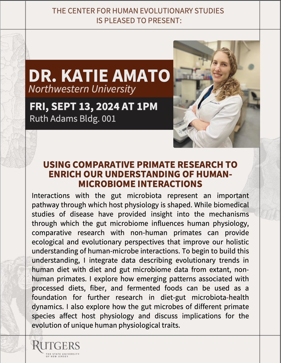 Welcome back everyone &amp; Happy Fall Semester!

Join us this Friday at 1pm with #CHES lecture series speaker Dr. Katie Amato where she will discuss how her work on comparative primate research can inform on human microbiome interactions.

We look forward to seeing everyone there!