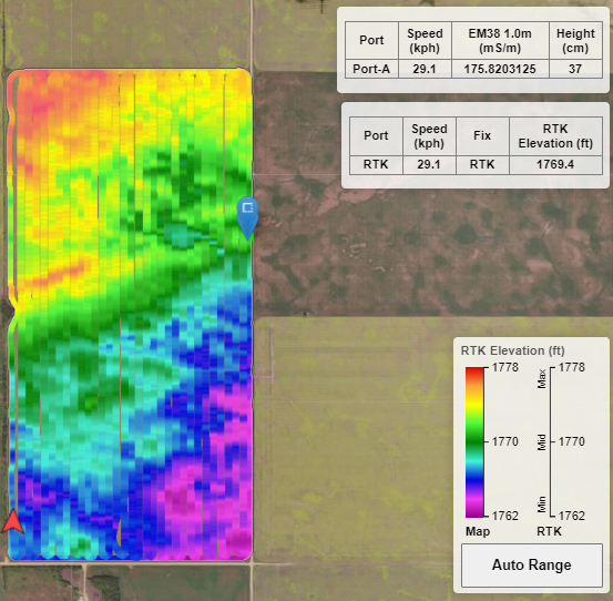 SWATMAPS_Derek's tweet photo. Live view of #swatbox log of RTK elevaton data at same time. Can't use the elev or conductivity data on it's own to create zones. Elev data will be used to create a topography model of the field to understand relationship between water dynamics and soil variability-@swatmaps https://t.co/qEQJiL8tBk